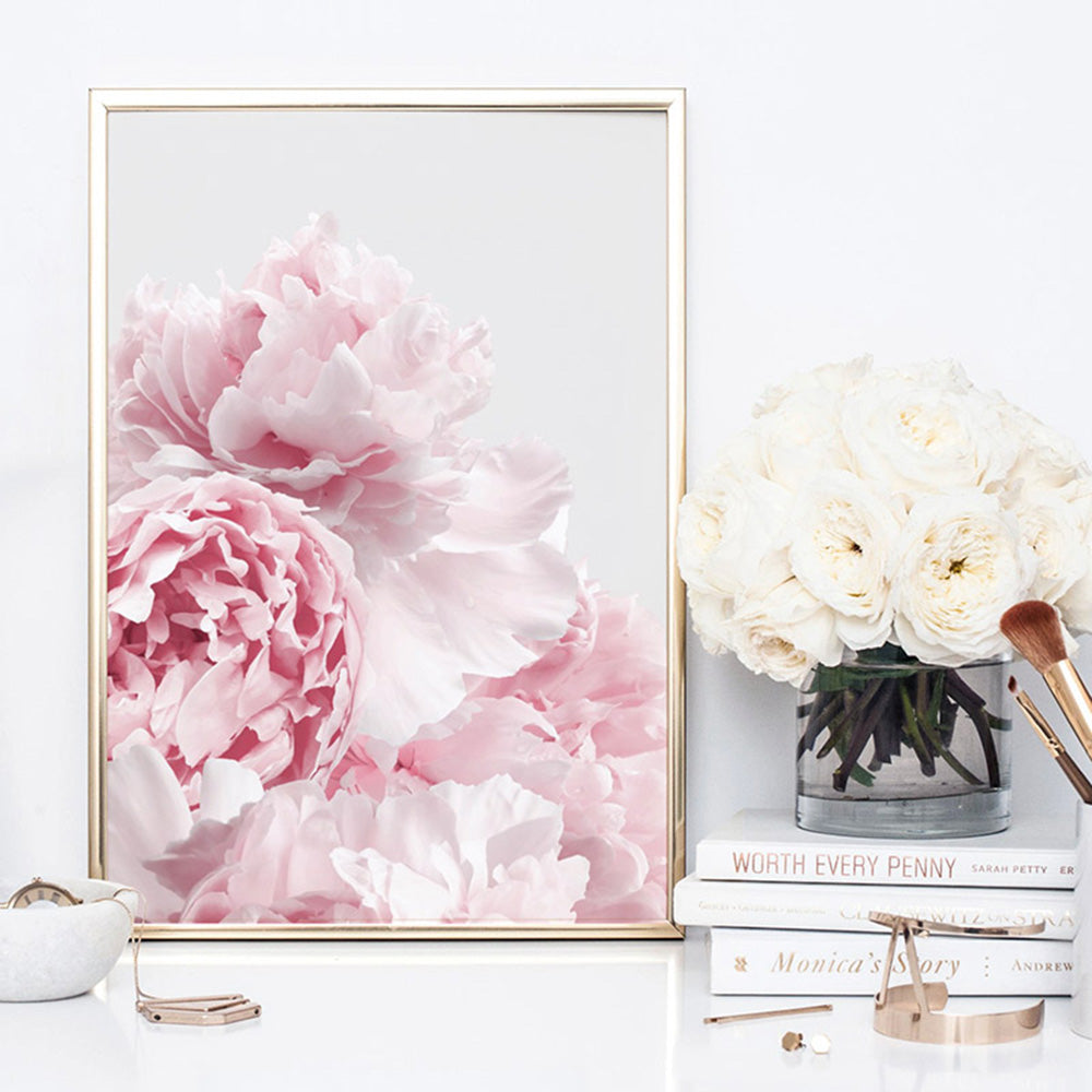Blush Peonies - Art Print, Poster, Stretched Canvas or Framed Wall Art Prints, shown framed in a room