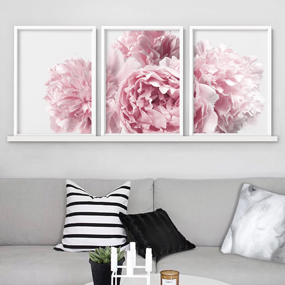 Peonies Bunch I - Art Print, Poster, Stretched Canvas or Framed Wall Art, shown framed in a home interior space