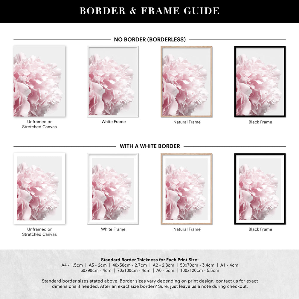 Peonies Bunch III - Art Print, Poster, Stretched Canvas or Framed Wall Art, Showing White , Black, Natural Frame Colours, No Frame (Unframed) or Stretched Canvas, and With or Without White Borders