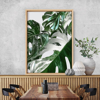 Monstera Variegated Leaves I - Art Print, Poster, Stretched Canvas or Framed Wall Art Prints, shown framed in a room