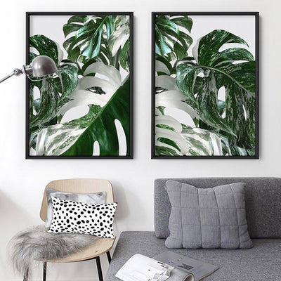 Monstera Variegated Leaves I - Art Print, Poster, Stretched Canvas or Framed Wall Art, shown framed in a home interior space