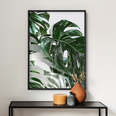 Monstera Variegated Leaves II - Art Print, Poster, Stretched Canvas or Framed Wall Art Prints, shown framed in a room
