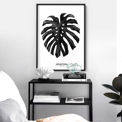 Monstera Scandi Leaf Watercolour (Black) - Art Print, Poster, Stretched Canvas or Framed Wall Art Prints, shown framed in a room