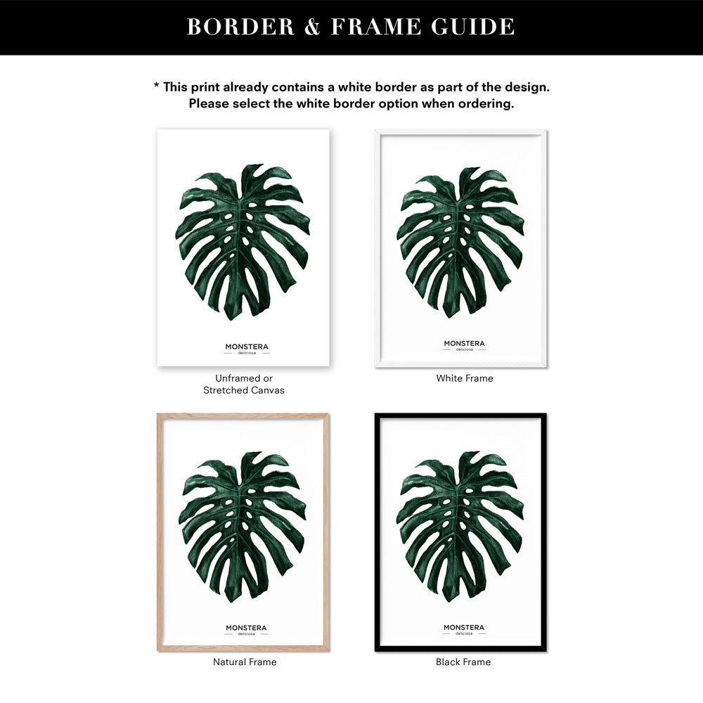 Monstera Scandi Leaf Watercolour (dark green) - Art Print, Poster, Stretched Canvas or Framed Wall Art, Showing White , Black, Natural Frame Colours, No Frame (Unframed) or Stretched Canvas, and With or Without White Borders