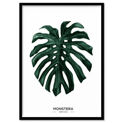 Monstera Scandi Leaf Watercolour (dark green) - Art Print, Poster, Stretched Canvas, or Framed Wall Art Print, shown in a black frame