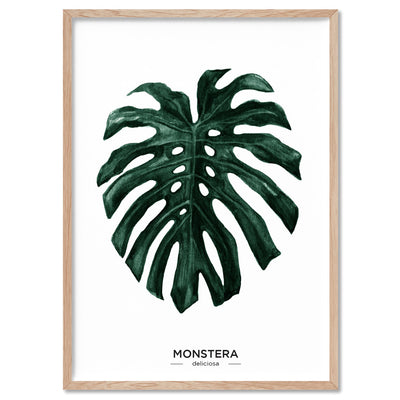 Monstera Scandi Leaf Watercolour (dark green) - Art Print, Poster, Stretched Canvas, or Framed Wall Art Print, shown in a natural timber frame