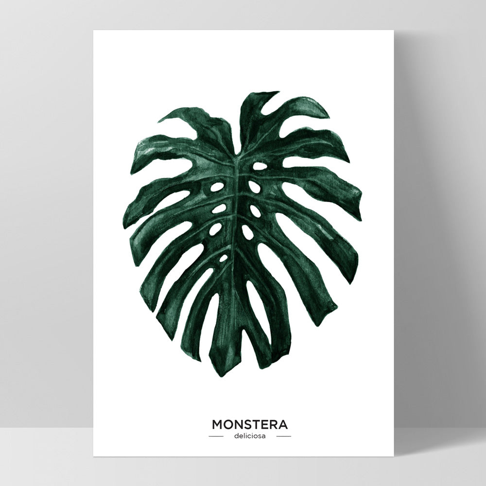 Monstera Scandi Leaf Watercolour (dark green) - Art Print, Poster, Stretched Canvas, or Framed Wall Art Print, shown as a stretched canvas or poster without a frame
