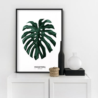 Monstera Scandi Leaf Watercolour (dark green) - Art Print, Poster, Stretched Canvas or Framed Wall Art Prints, shown framed in a room