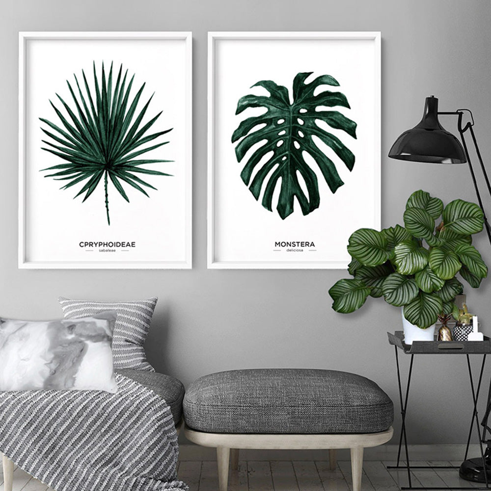 Monstera Scandi Leaf Watercolour (dark green) - Art Print, Poster, Stretched Canvas or Framed Wall Art, shown framed in a home interior space