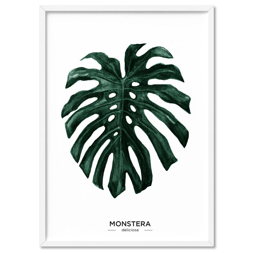 Monstera Scandi Leaf Watercolour (dark green) - Art Print, Poster, Stretched Canvas, or Framed Wall Art Print, shown in a white frame