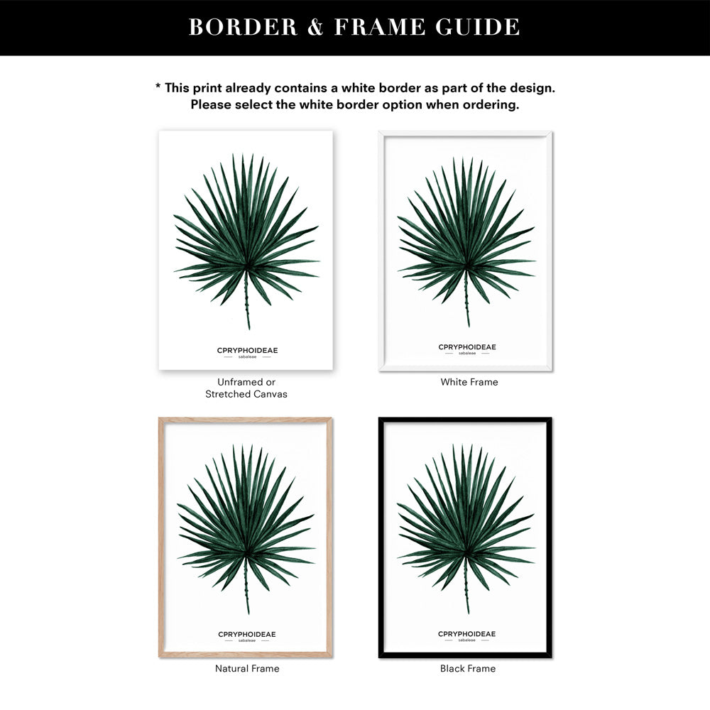 Fan Palm Scandi Leaf Watercolour (dark green) - Art Print, Poster, Stretched Canvas or Framed Wall Art, Showing White , Black, Natural Frame Colours, No Frame (Unframed) or Stretched Canvas, and With or Without White Borders
