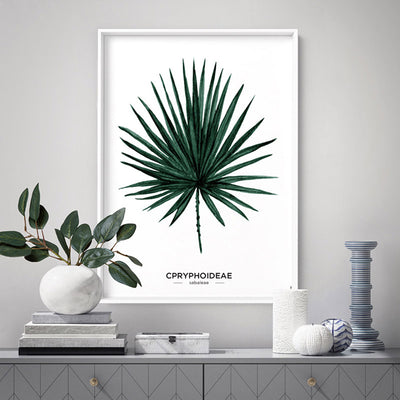 Fan Palm Scandi Leaf Watercolour (dark green) - Art Print, Poster, Stretched Canvas or Framed Wall Art Prints, shown framed in a room