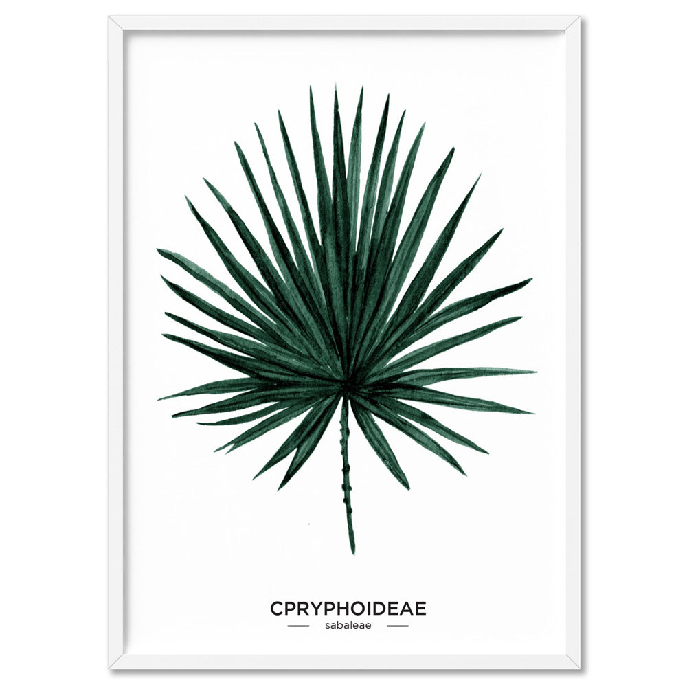 Fan Palm Scandi Leaf Watercolour (dark green) - Art Print, Poster, Stretched Canvas, or Framed Wall Art Print, shown in a white frame