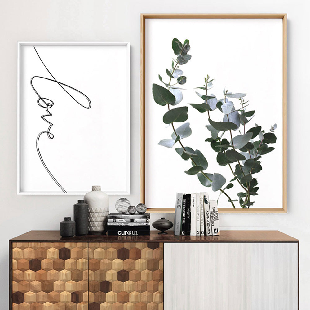 Eucalyptus Gum Leaves I  - Art Print, Poster, Stretched Canvas or Framed Wall Art, shown framed in a home interior space