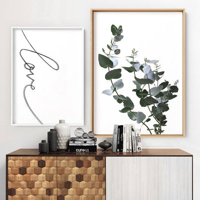 Eucalyptus Gum Leaves I  - Art Print, Poster, Stretched Canvas or Framed Wall Art, shown framed in a home interior space