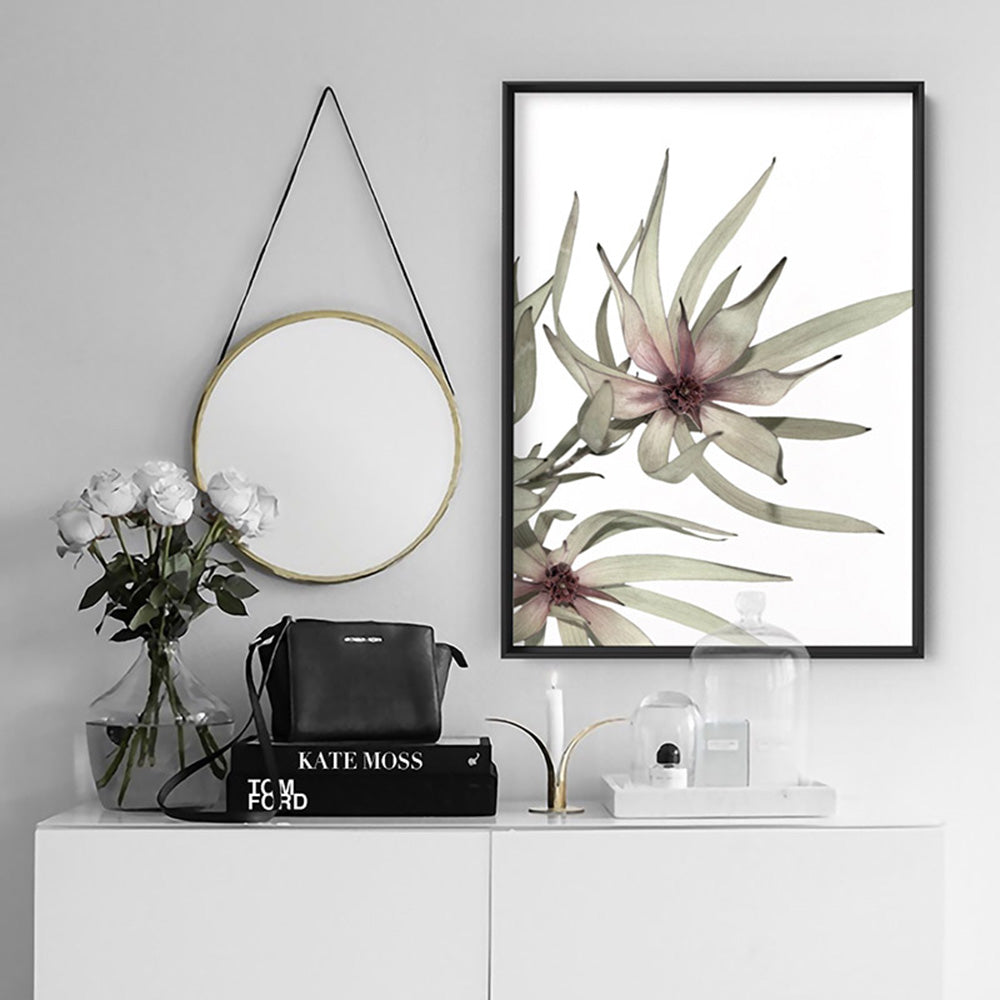 Leucadendron Dried Flowers I - Art Print, Poster, Stretched Canvas or Framed Wall Art Prints, shown framed in a room