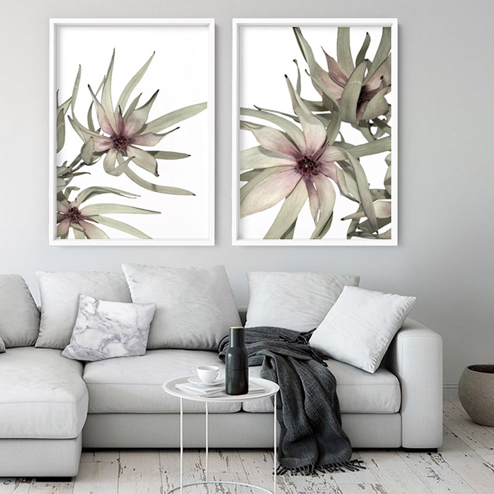 Leucadendron Dried Flowers I - Art Print, Poster, Stretched Canvas or Framed Wall Art, shown framed in a home interior space