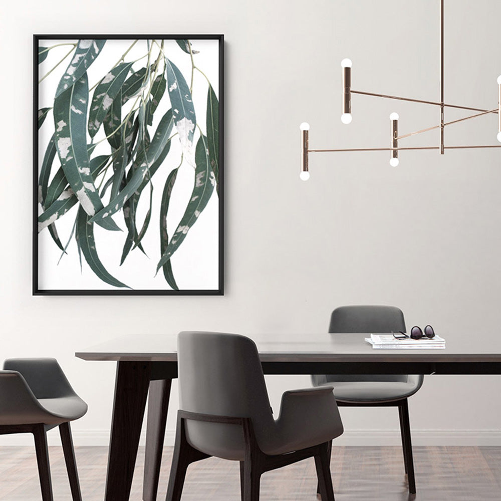 Spotty Gumtree Eucalyptus Leaves I - Art Print, Poster, Stretched Canvas or Framed Wall Art Prints, shown framed in a room