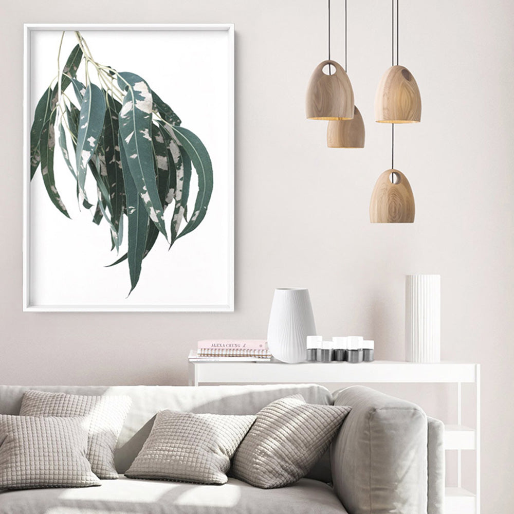 Spotty Gumtree Eucalyptus Leaves II - Art Print, Poster, Stretched Canvas or Framed Wall Art Prints, shown framed in a room