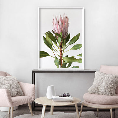 Queen Protea Portrait - Art Print, Poster, Stretched Canvas or Framed Wall Art Prints, shown framed in a room