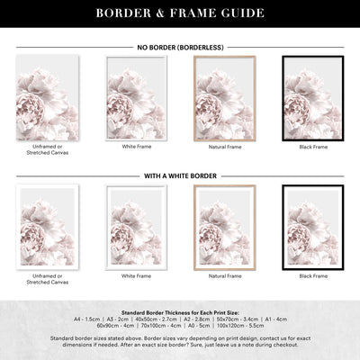 Peonies in Neutral - Art Print, Poster, Stretched Canvas or Framed Wall Art, Showing White , Black, Natural Frame Colours, No Frame (Unframed) or Stretched Canvas, and With or Without White Borders
