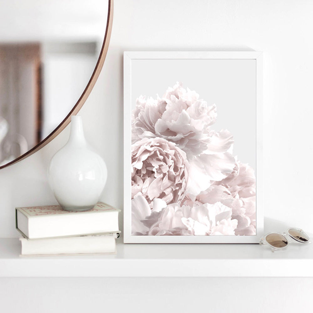 Peonies in Neutral - Art Print, Poster, Stretched Canvas or Framed Wall Art Prints, shown framed in a room