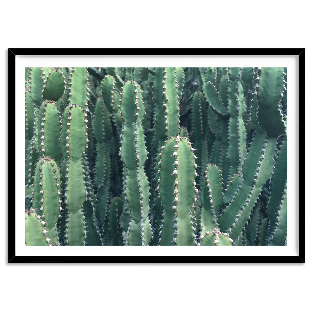 Prickly Cacti Garden - Art Print, Poster, Stretched Canvas, or Framed Wall Art Print, shown in a black frame