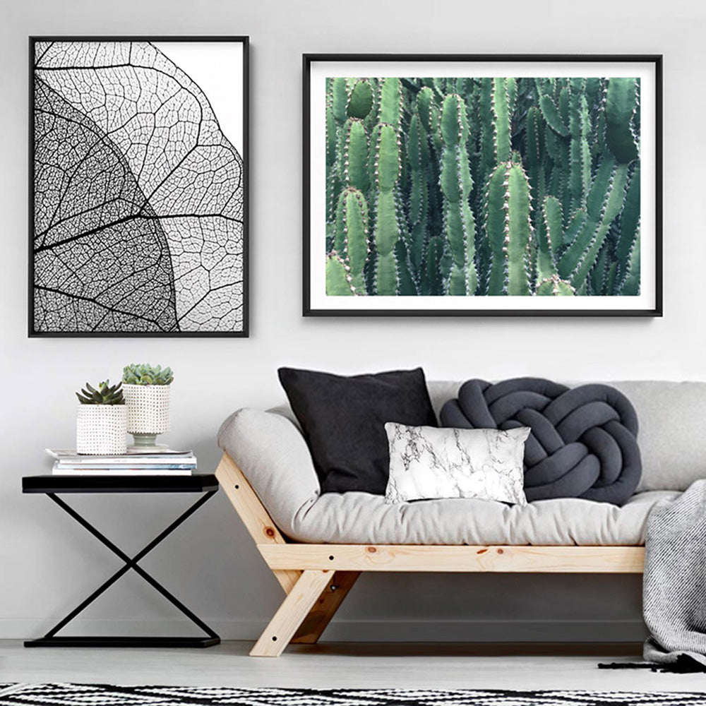 Prickly Cacti Garden - Art Print, Poster, Stretched Canvas or Framed Wall Art, shown framed in a home interior space