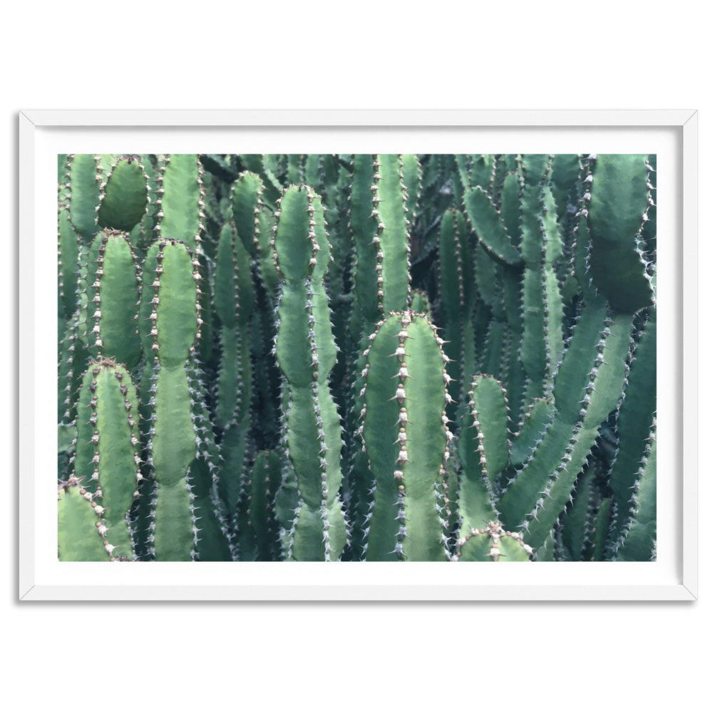 Prickly Cacti Garden - Art Print, Poster, Stretched Canvas, or Framed Wall Art Print, shown in a white frame
