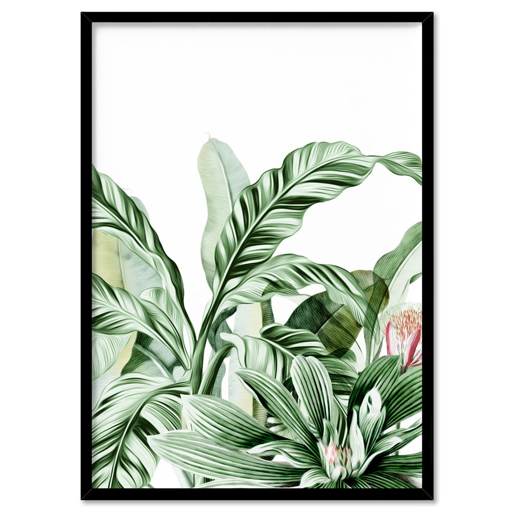 Tropical Sketched Rainforest Leaves & Foliage - Art Print, Poster, Stretched Canvas, or Framed Wall Art Print, shown in a black frame