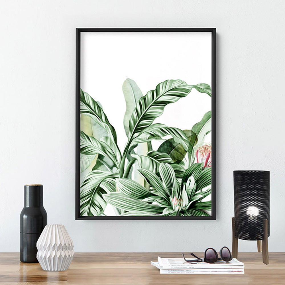 Tropical Sketched Rainforest Leaves & Foliage - Art Print, Poster, Stretched Canvas or Framed Wall Art Prints, shown framed in a room
