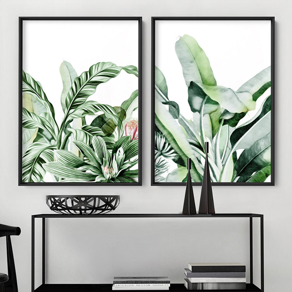 Tropical Sketched Rainforest Leaves & Foliage - Art Print, Poster, Stretched Canvas or Framed Wall Art, shown framed in a home interior space
