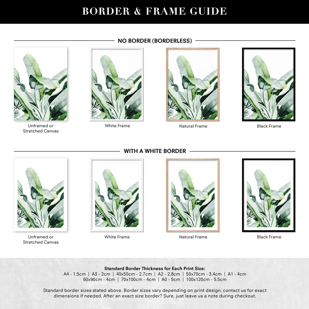 Tropical Sketched Banana Palm Leaves & Foliage - Art Print, Poster, Stretched Canvas or Framed Wall Art, Showing White , Black, Natural Frame Colours, No Frame (Unframed) or Stretched Canvas, and With or Without White Borders