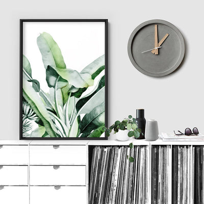 Tropical Sketched Banana Palm Leaves & Foliage - Art Print, Poster, Stretched Canvas or Framed Wall Art Prints, shown framed in a room