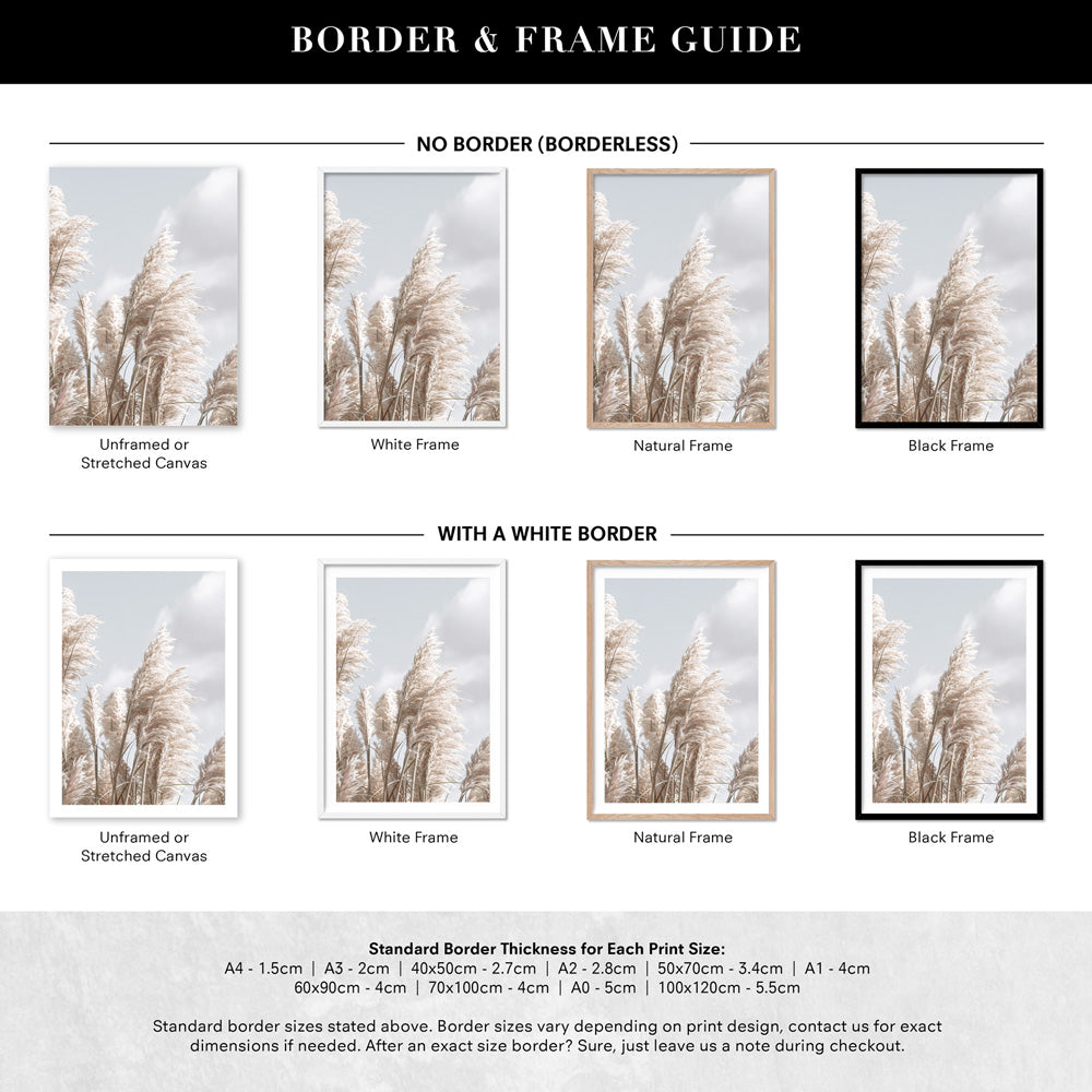Pampas Grass I in Pastels - Art Print, Poster, Stretched Canvas or Framed Wall Art, Showing White , Black, Natural Frame Colours, No Frame (Unframed) or Stretched Canvas, and With or Without White Borders