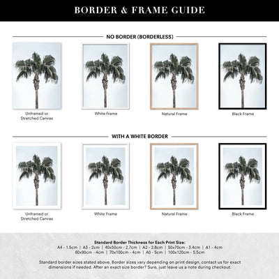 California Coastal Palm Tree Portrait - Art Print, Poster, Stretched Canvas or Framed Wall Art, Showing White , Black, Natural Frame Colours, No Frame (Unframed) or Stretched Canvas, and With or Without White Borders
