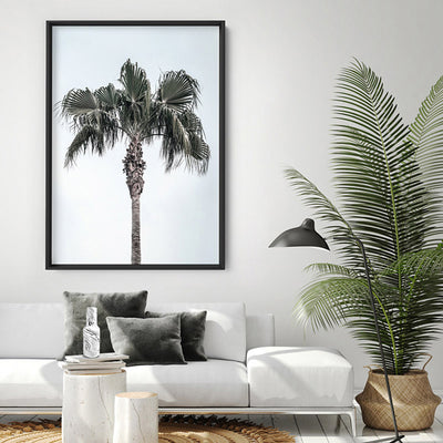 California Coastal Palm Tree Portrait - Art Print, Poster, Stretched Canvas or Framed Wall Art Prints, shown framed in a room