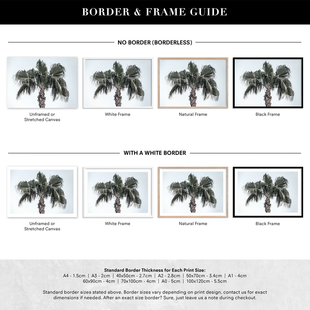 California Coastal Palm Tree Landscape - Art Print, Poster, Stretched Canvas or Framed Wall Art, Showing White , Black, Natural Frame Colours, No Frame (Unframed) or Stretched Canvas, and With or Without White Borders