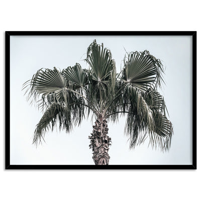 California Coastal Palm Tree Landscape - Art Print, Poster, Stretched Canvas, or Framed Wall Art Print, shown in a black frame