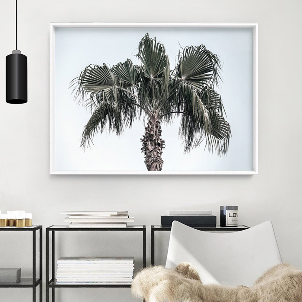California Coastal Palm Tree Landscape - Art Print, Poster, Stretched Canvas or Framed Wall Art Prints, shown framed in a room