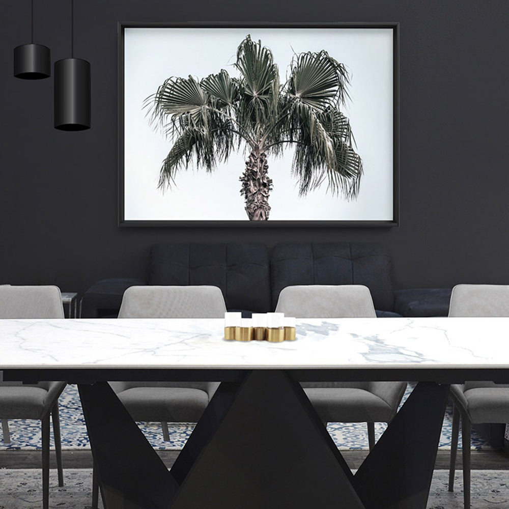 California Coastal Palm Tree Landscape - Art Print, Poster, Stretched Canvas or Framed Wall Art, shown framed in a home interior space