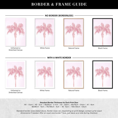 Pink Coastal Palm Tree - Art Print, Poster, Stretched Canvas or Framed Wall Art, Showing White , Black, Natural Frame Colours, No Frame (Unframed) or Stretched Canvas, and With or Without White Borders