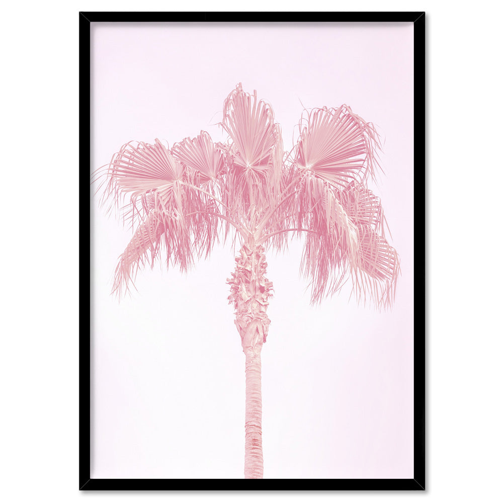 Pink Coastal Palm Tree - Art Print, Poster, Stretched Canvas, or Framed Wall Art Print, shown in a black frame