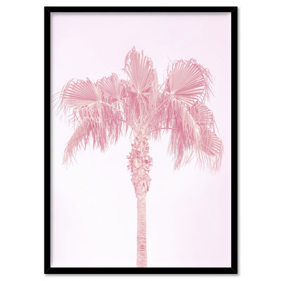 Pink Coastal Palm Tree - Art Print, Poster, Stretched Canvas, or Framed Wall Art Print, shown in a black frame