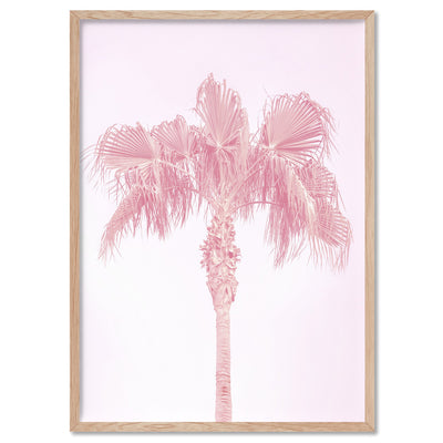 Pink Coastal Palm Tree - Art Print, Poster, Stretched Canvas, or Framed Wall Art Print, shown in a natural timber frame