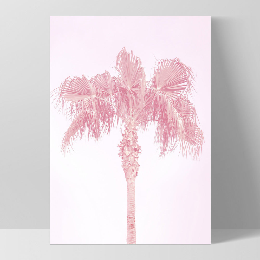 Pink Coastal Palm Tree - Art Print, Poster, Stretched Canvas, or Framed Wall Art Print, shown as a stretched canvas or poster without a frame