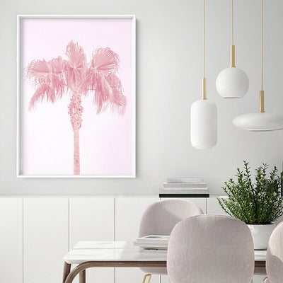 Pink Coastal Palm Tree - Art Print, Poster, Stretched Canvas or Framed Wall Art Prints, shown framed in a room