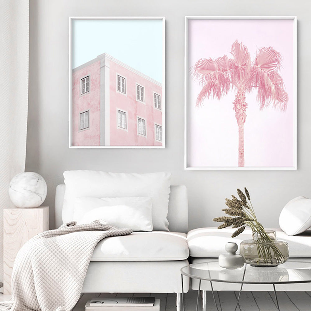 Pink Coastal Palm Tree - Art Print, Poster, Stretched Canvas or Framed Wall Art, shown framed in a home interior space