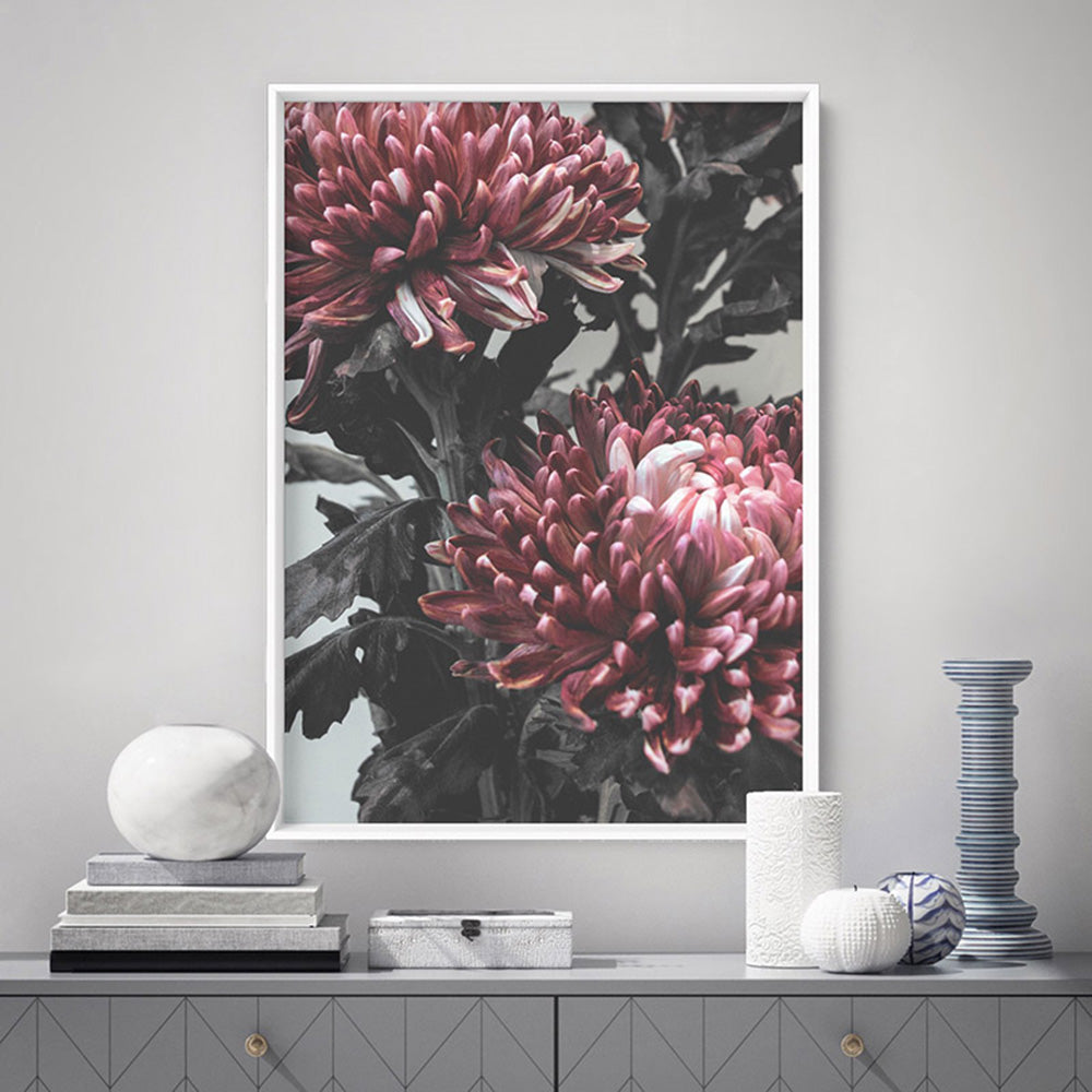 Red Florals / Chrysanthemums in Bloom - Art Print, Poster, Stretched Canvas or Framed Wall Art Prints, shown framed in a room