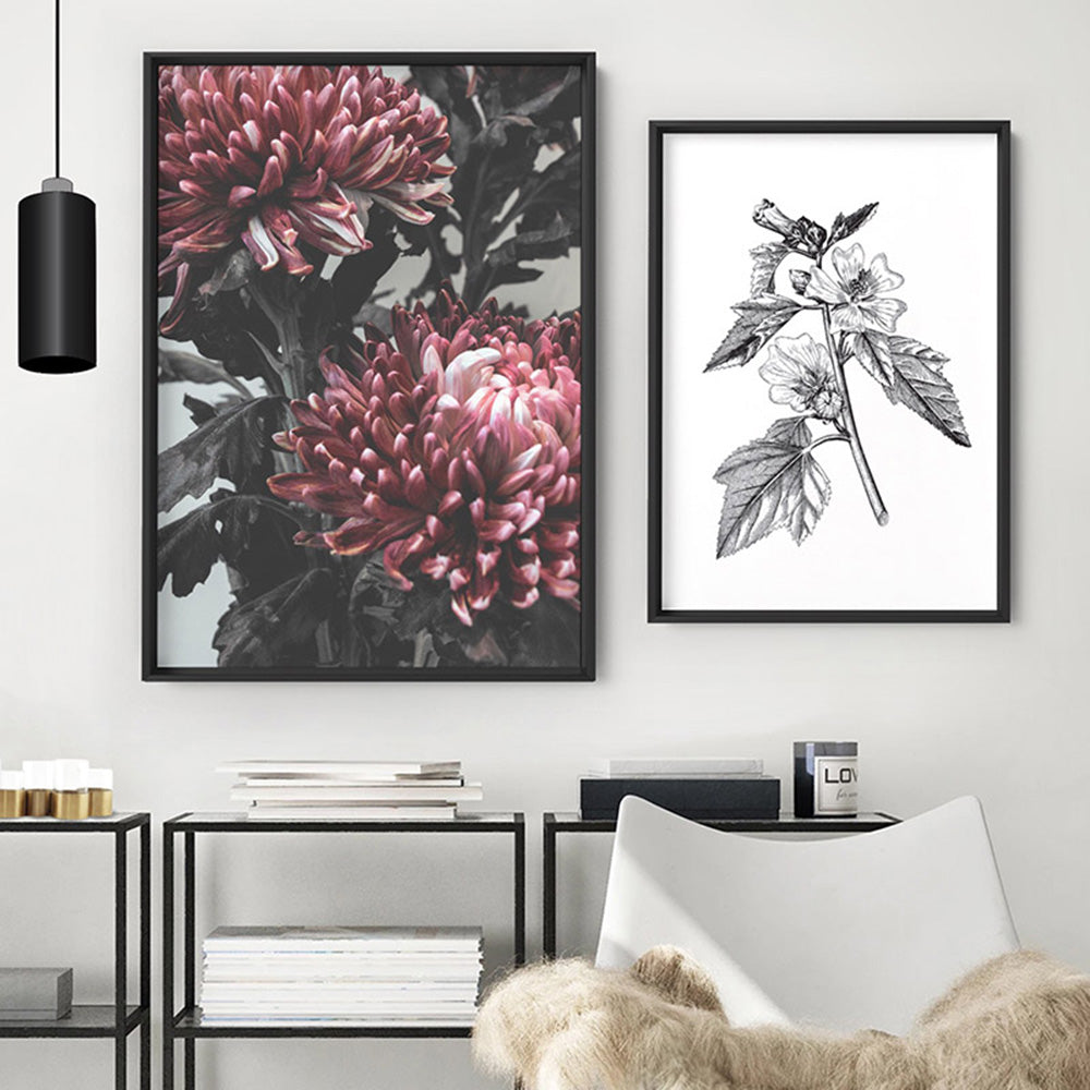 Red Florals / Chrysanthemums in Bloom - Art Print, Poster, Stretched Canvas or Framed Wall Art, shown framed in a home interior space